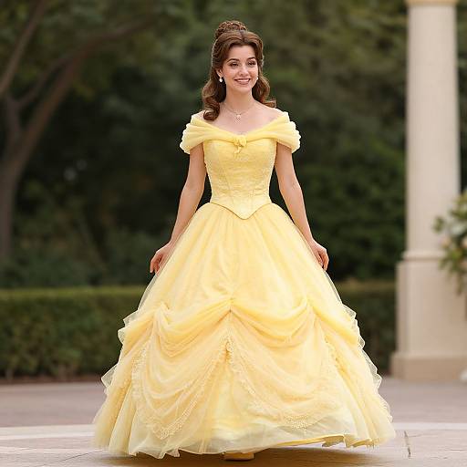 Photograph of a smiling brunette woman in an off-the-shoulder, yellow ball gown with a full skirt, standing outdoors with lush greenery in