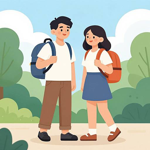 Cartoon illustration of a smiling boy and girl, both with backpacks, wearing school uniforms, walking on a sunny path with green trees in the background