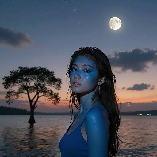 Blue Skinned Woman by Lake at Moonlit Sunset