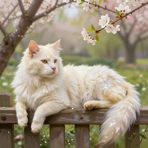 Photograph of a fluffy white cat with green eyes lounging on a wooden fence, surrounded by blooming cherry blossoms in a sunny garden.