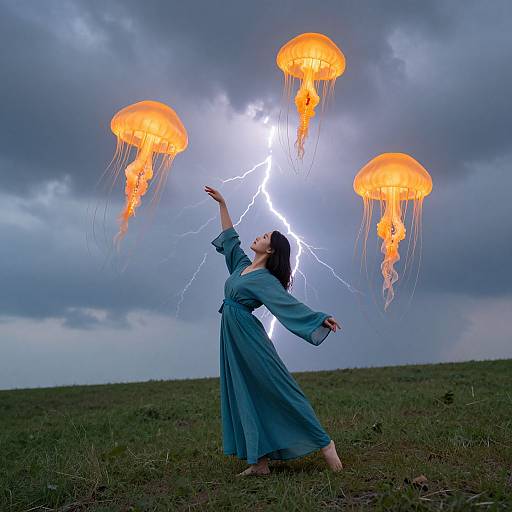 Photograph of a woman in a blue dress, arms raised, beneath a stormy sky with four glowing orange jellyfish and a lightning bolt.