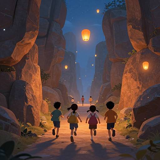 Digital illustration of children running through a glowing, lantern-lit rocky canyon at night, with a distant figure ahead. Warm orange lanterns contrast against the