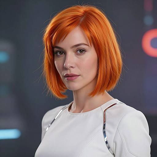 Photograph of a young woman with vibrant orange bob haircut, pale skin, wearing a white top, set against a dark, blurred background with neon lights