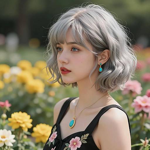 Woman with short silver-gray hair in floral garden