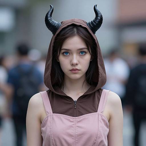 Photograph of a young woman with fair skin, blue eyes, and dark brown hair, wearing a brown hood with black horns and a pink sleeveless