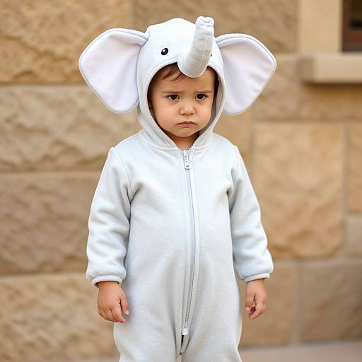 Photograph of a serious-looking toddler in a white elephant onesie with large ears and trunk, standing against a beige stone wall.