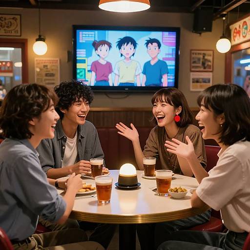Photograph of four laughing Asian friends, two men and two women, at a cozy cafe table with drinks, watching a TV show. Warm lighting,