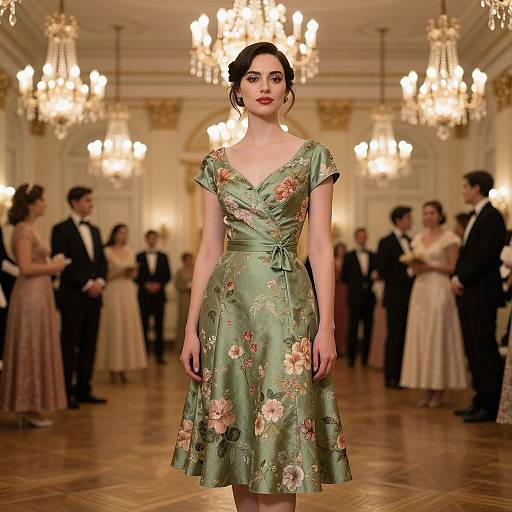 Photograph of a fair-skinned woman with dark hair in an elegant, green floral dress, standing in a grand ballroom with chandeliers,