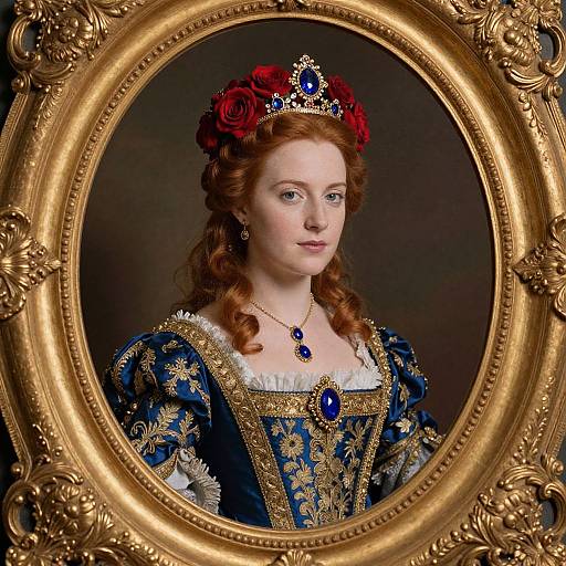 Photorealistic portrait of a fair-skinned, red-haired woman with curled hair, wearing a blue and gold Renaissance gown, red rose hairpiece,