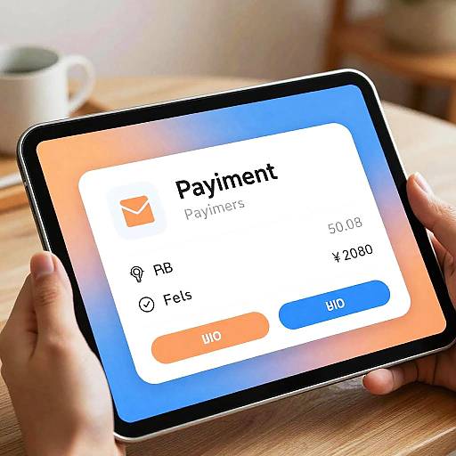 Photograph of hands holding a tablet displaying PayPal app login screen with orange and blue buttons on a wooden table.