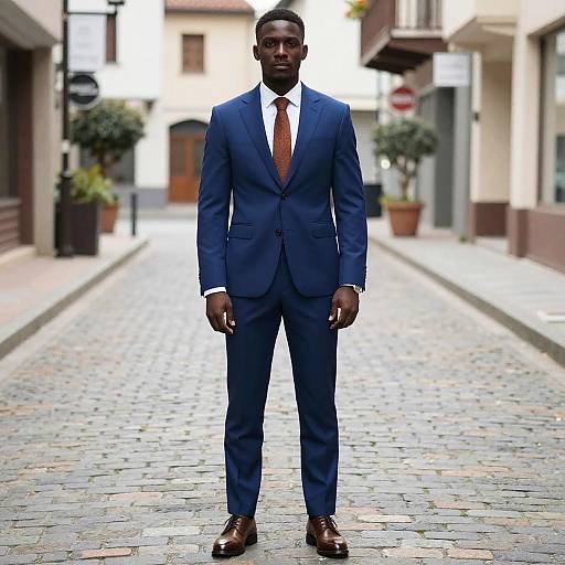 Man in Blue Suit on Cobblestone Street