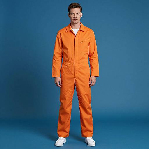Photograph of a Caucasian man with short brown hair, wearing an orange prison jumpsuit, white shirt, and white sneakers, standing against a solid blue