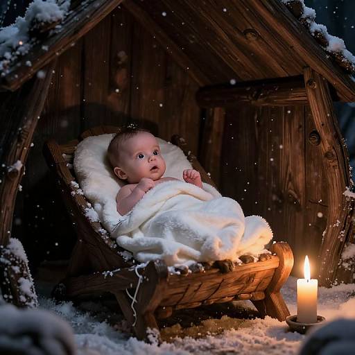 Photograph of a baby in a wooden cradle, wrapped in white blanket, with candlelight and snow, inside a wooden stable.