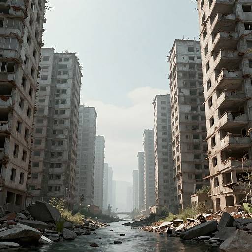Photograph of a desolate, abandoned urban canyon with tall, dilapidated apartment buildings flanking a narrow, rocky river under a bright, clear