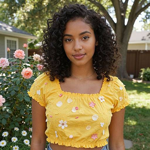 Young Woman in Sunny Floral Top