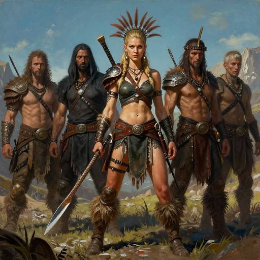 Digital painting of a muscular, blonde warrior woman with a feathered headdress, black leather armor, and spear, flanked by four shirtless,
