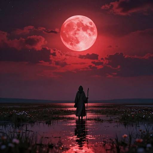 Lone Traveler Under Red Moon
