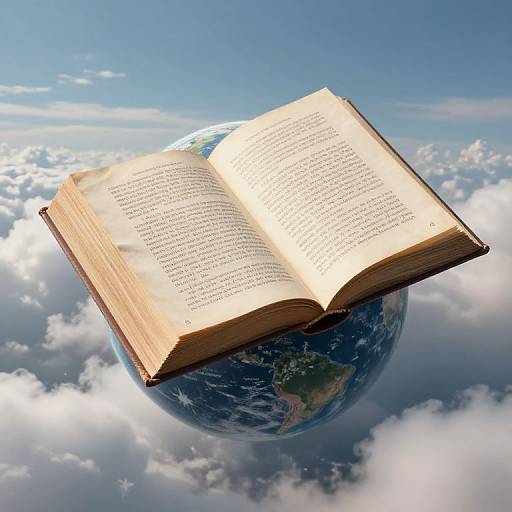 Photograph of an open book floating above a blue Earth with white clouds, set against a clear blue sky.