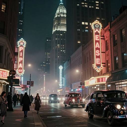 Nighttime photograph of a foggy city street with vintage cars, neon signs, and people walking. Bright red and blue lights illuminate the scene, highlighting