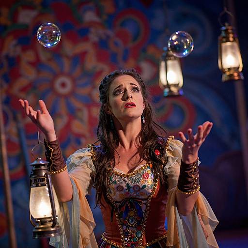 Photograph of a woman with long, wet hair, wearing an ornate, medieval-style dress, surrounded by glowing lanterns and floating glass orbs,