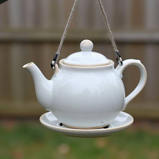Photograph of a white ceramic teapot with a rounded body and handle, suspended by chains over a saucer, against a blurred wooden fence background.
