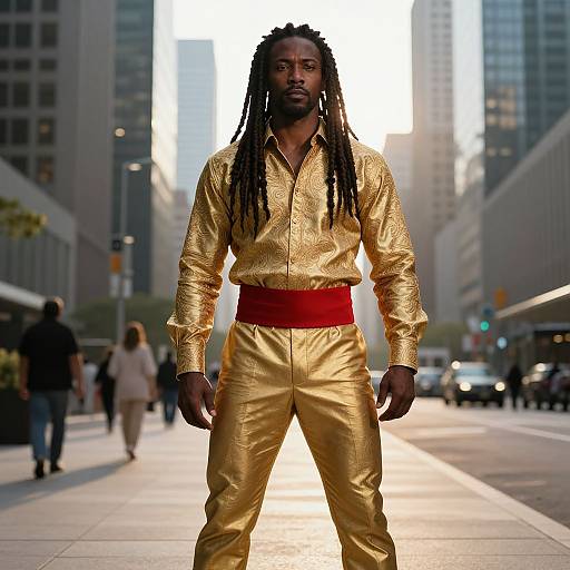 Confident Man in Gold Outfit with Red Belt in Urban Setting