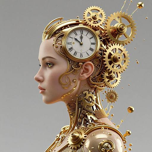 Digital artwork of a pale-skinned woman with a clock in her head, surrounded by golden gears, against a gray background. Steampunk-inspired,