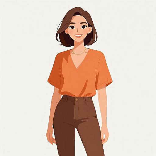 Digital illustration of a smiling woman with short brown hair, wearing an orange V-neck blouse and high-waisted brown pants. White background.