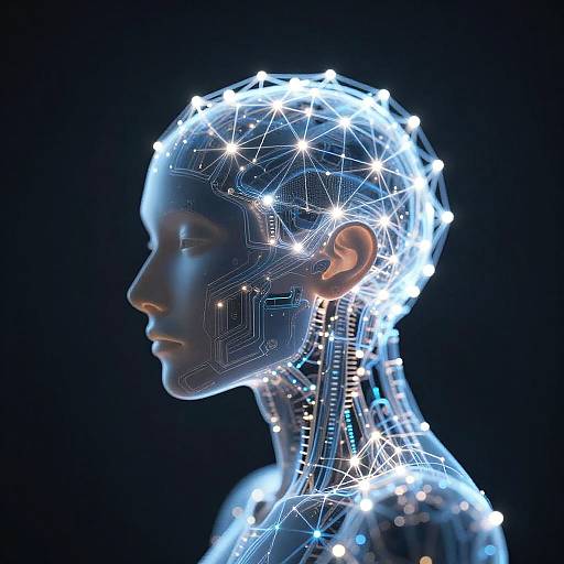 Digital CGI of a glowing, wireframe human head and shoulders against a black background, highlighting neural connections and circuitry in white and blue lights.