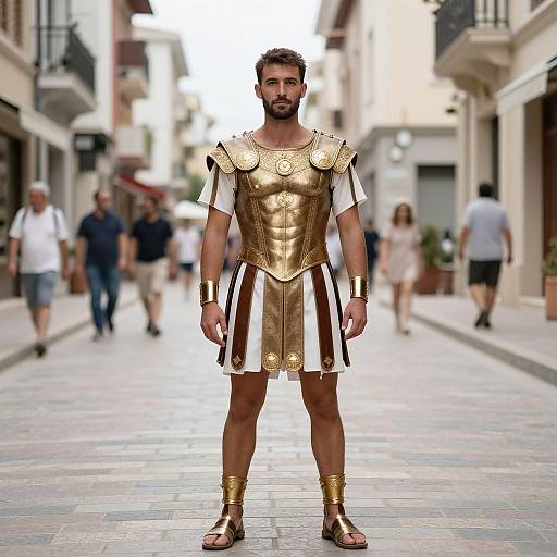 Photorealistic CGI: Muscular man with short brown hair, beard, standing in ancient Roman armor on a cobblestone street, blurred pedestrians in