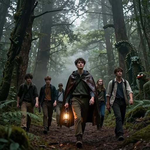 Photograph-style CGI: Five young men in dark, rugged clothing walk through a misty, dense forest, led by a curly-haired man holding a