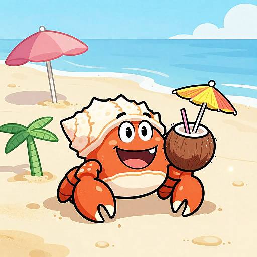 Cheerful Cartoon Hermit Crab Beach Scene