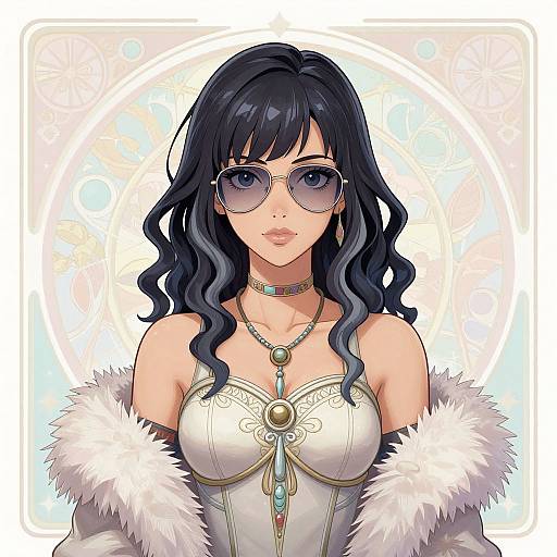 Digital anime-style portrait of a confident woman with long black wavy hair, wearing round sunglasses, a white corset with gold embroidery, feathered white