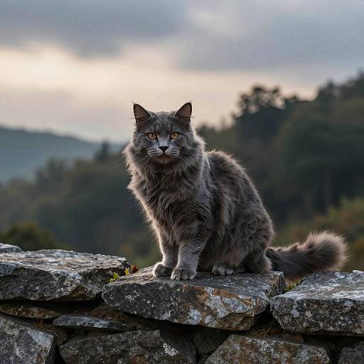Gray Fluffy Cat on Stone Wall
