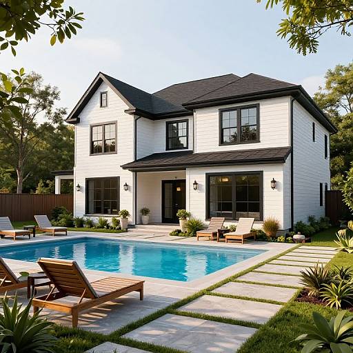 Photograph of a two-story white house with black trim, large pool, wooden deck chairs, and clear blue water, surrounded by greenery.