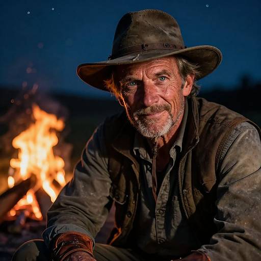 Photograph of an older man with a weathered face, gray beard, and brown hat, sitting by a glowing campfire at night, wearing a