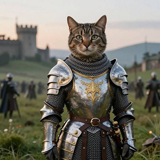 Photorealistic image of a tabby cat in medieval silver armor with gold emblem, standing in a grassy field, knights in background, castle in