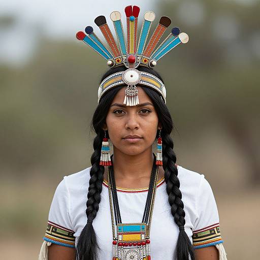 Photograph of a young indigenous woman with dark skin, long black braids, wearing a colorful feathered headdress, white shirt, and intricate bead