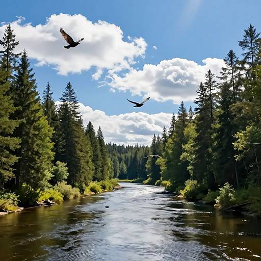 Sunlit River and Soaring Birds