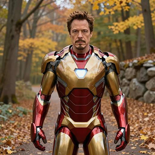 Tony Stark in Iron Man Suit in Autumn Forest