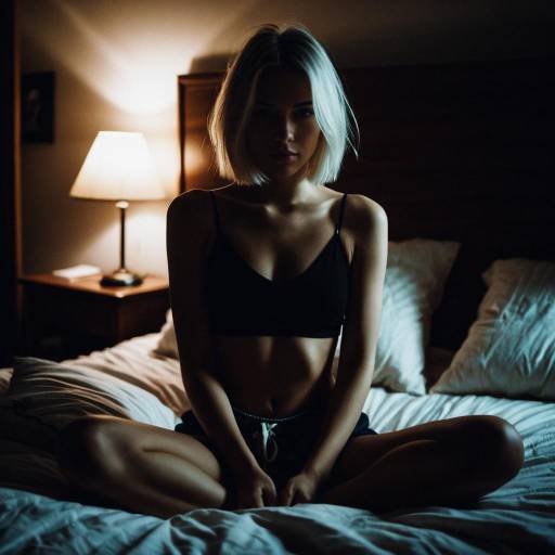 Silhouette of Woman Sitting on Bed in Dimly Lit Room