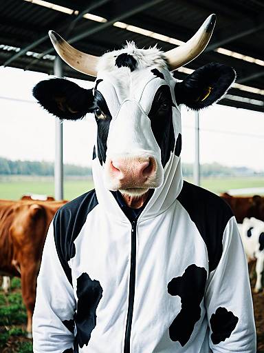 Photorealistic Man in Cow Costume