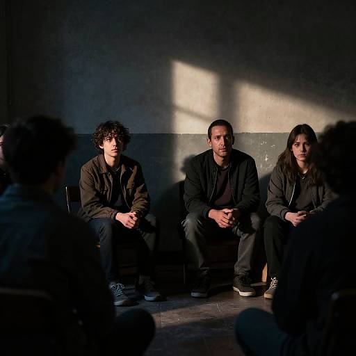 Photograph of three young adults with curly, short, and long hair, sitting in dimly lit room, shadows cast on gray wall.