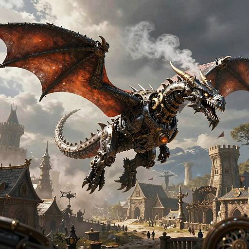 Steampunk Dragon Over Viking Village