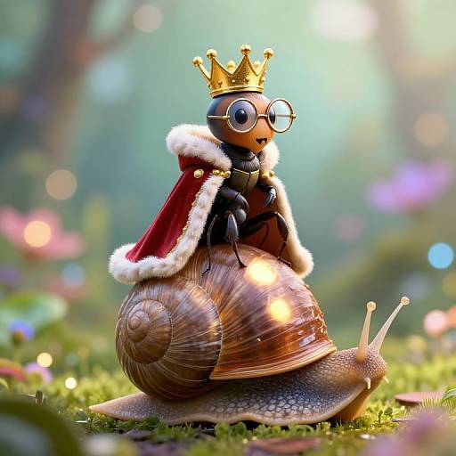Photorealistic CGI of an anthropomorphic ant in a golden crown and red fur-trimmed cape, sitting regally on a brown snail shell