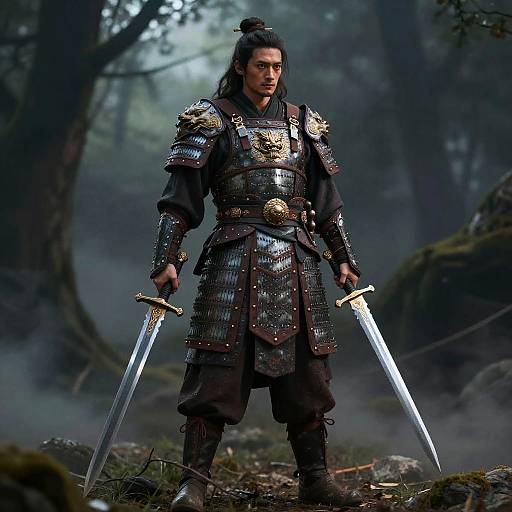 Ancient warrior in detailed armor with double swords