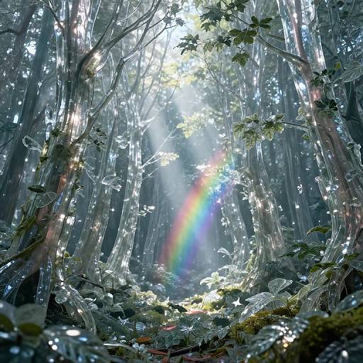 Digital artwork of a sunlit, dense forest with a rainbow arching through tall, slender trees, surrounded by lush green foliage and soft morning light.