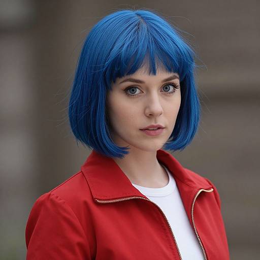 Photograph of a young woman with bright blue bob haircut, wearing a red jacket over a white shirt, with a neutral gray background.