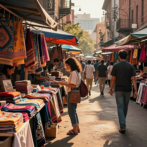 Photograph of a bustling outdoor market street with colorful textiles, umbrellas, and shoppers, including a woman with curly hair and a brown bag, under
