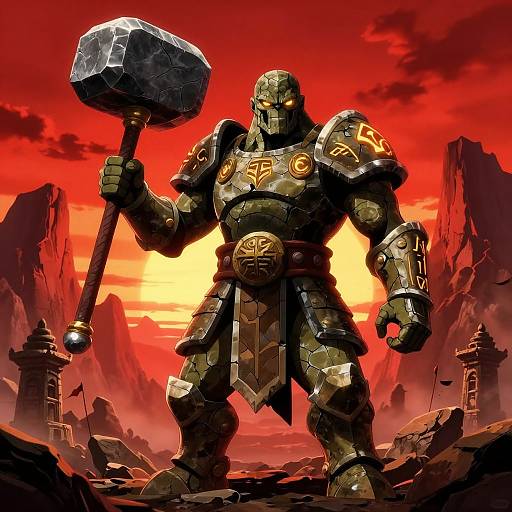 Digital art of a massive, armored warrior with glowing yellow eyes, holding a large hammer, standing in a ruined landscape with red sky and distant towers.